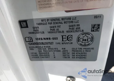 2011 GMC Acadia Slt-2 из США, поврежденный, VIN 1GKKRSED0BJ397507